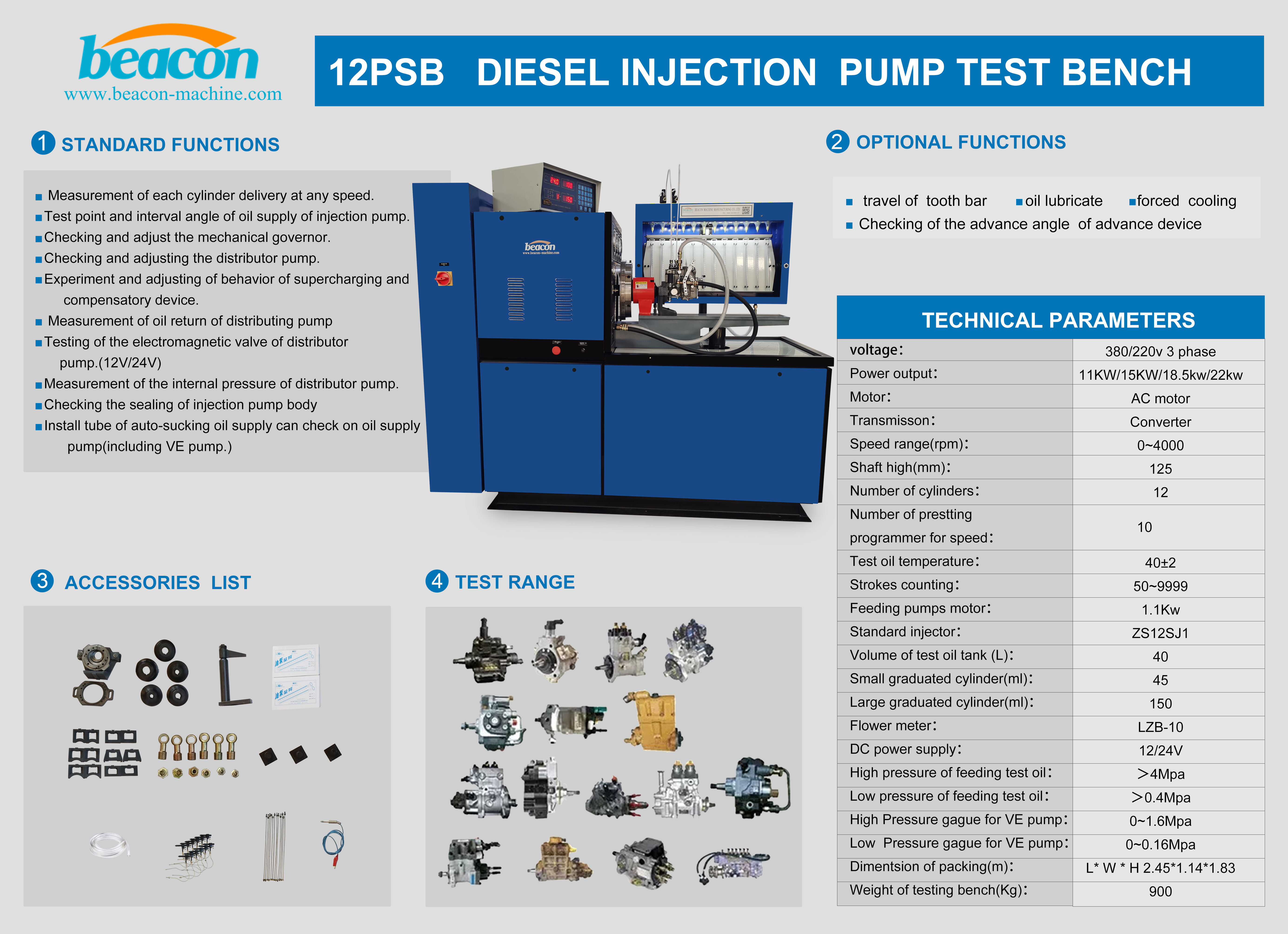 Beacon machine auto engine lab calibration testing equipment stand 12 psb 12 cylinder used diesel fuel injector pump test bench