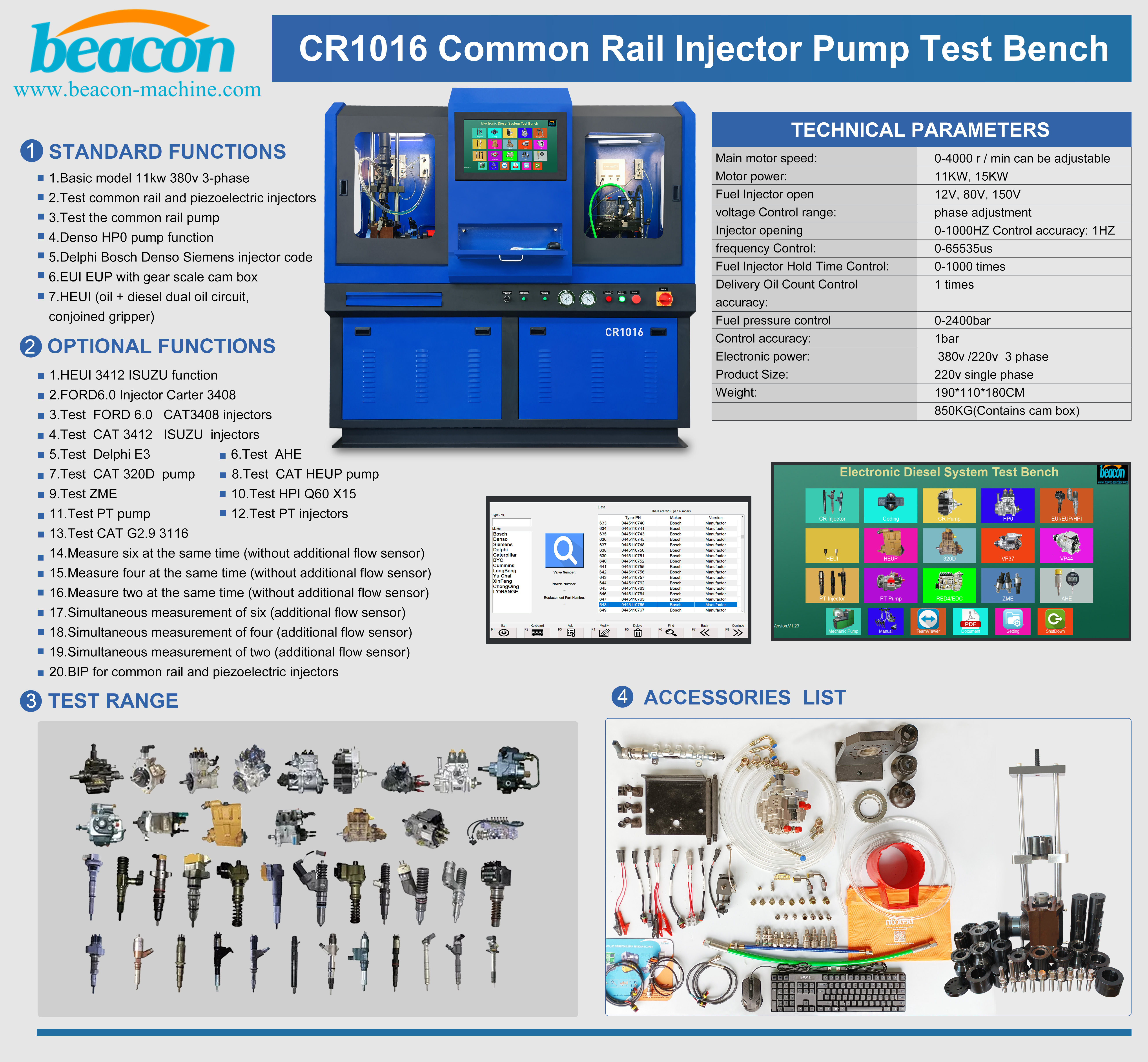 Beacon CR1016 Common rail diesel fuel injector pump test bench heui EUI EUP HEUI HP4 pump test stand ford 7.3l heui injector tester